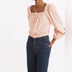Madewell Orange Embroidered Stripe Puff Sleeve square neck preppy blouse Sz Med
